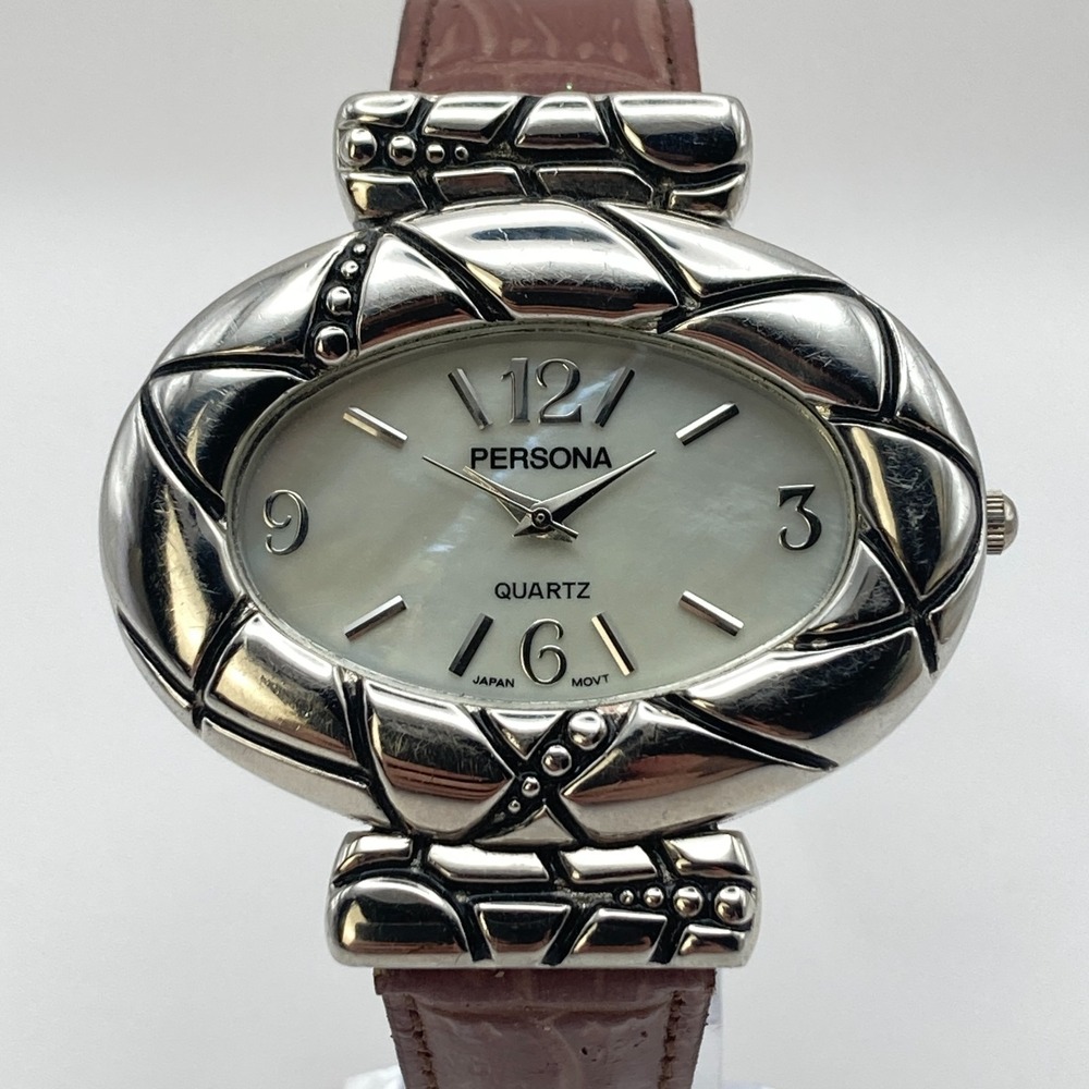 Persona Women's Watch 47mm Wide Silver Tone MOP Textured Bezel New Battery 8.75"